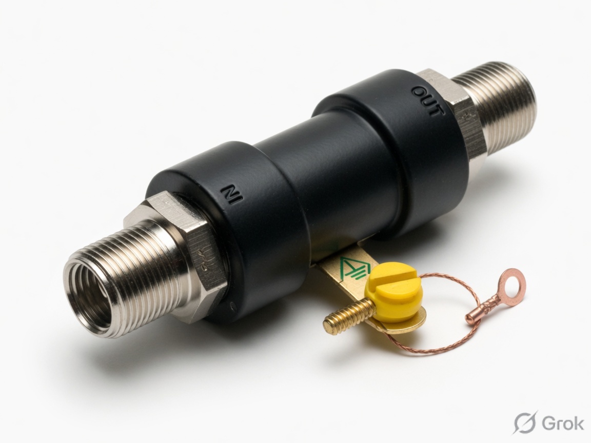 Coaxial surge protector with F-type IN and OUT ports, a ground screw, and a copper ring lug